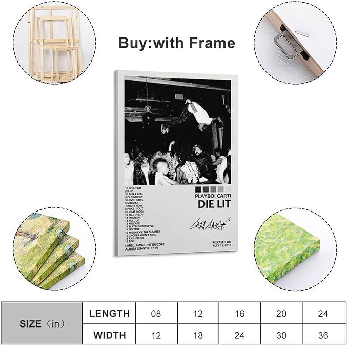 OrdaLi Playboi Carti Die Lit Canvas Poster, Wall Art, Living & Bedroom Decor (20x30in/50x75cm) Frame-style