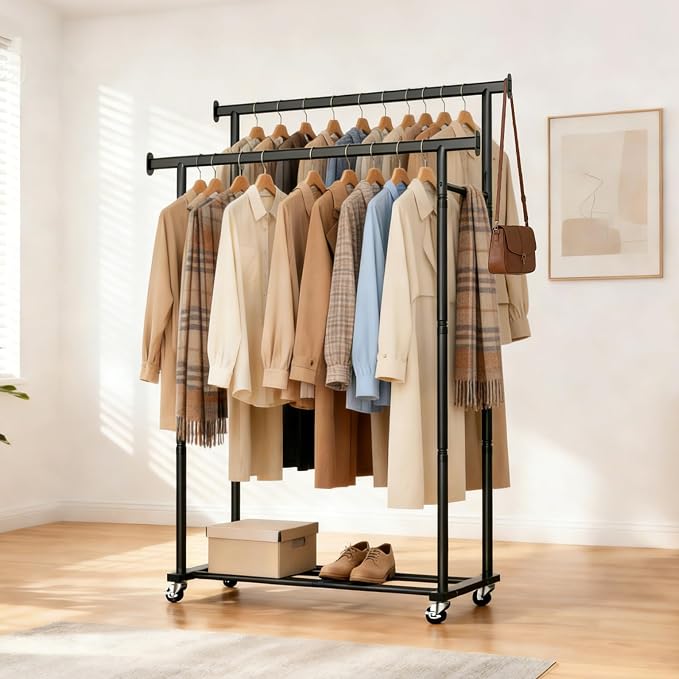 Clothes Rack,Rolling Clothing Rack for Hanging Clothes, Garment Rack Sturdy Clothing Rack Portable Wardrobe Rack Metal Closet Rack for Bedroom Laundry Living Room, Black