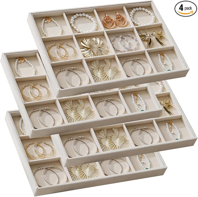 Large Stackable Jewelry Tray 4 Pack Velvet Jewelry Display Drawer Inserts Trays Organizer for Earring Bracelet Necklace Ring (Beige, 12 Grids)