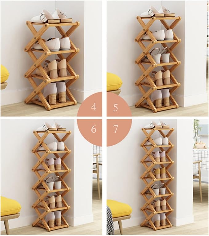 7 Tier Foldable Shoe Rack, Bamboo Vertical Shoe Organizer Tall for Multifunctional Narrow Shoe Shelf for Entryway, Closet, Corner, Bedroom, Hallway(Natural)
