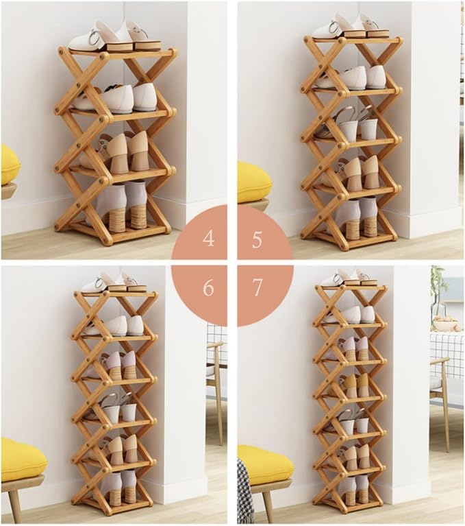 6 Tier Foldable Shoe Rack, Bamboo Vertical Shoe Organizer Tall for Multifunctional Narrow Shoe Shelf for Entryway, Closet, Corner, Bedroom, Hallway(Natural)