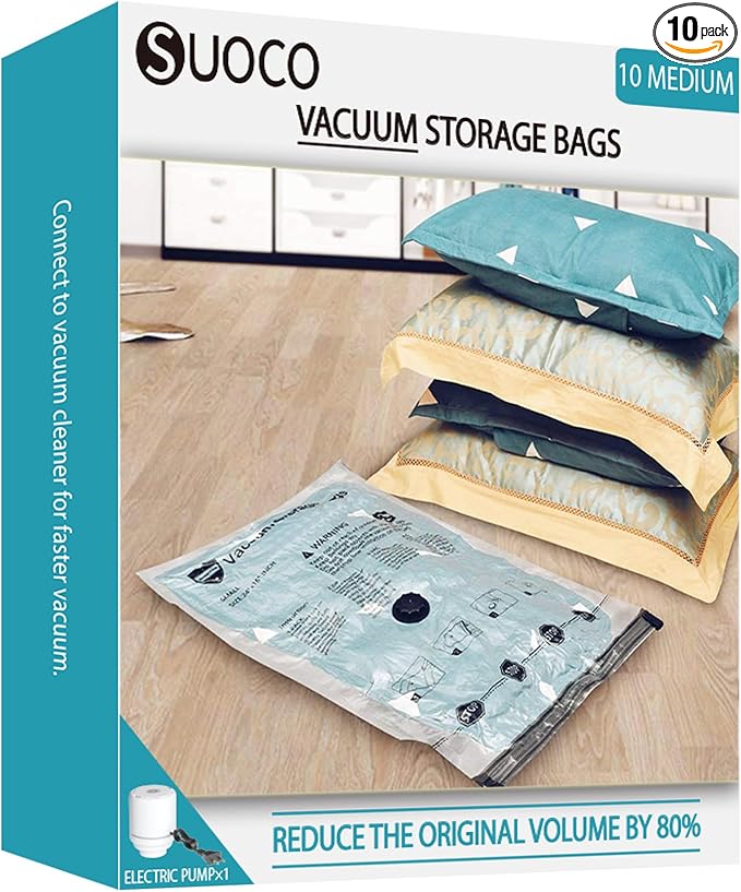 Vacuum Storage Bags with Electric Pump, Compression Packing Bags for Travel Luggage, Space Saver for Clothing Clothes Bedding Blankets Pillows, 10 Medium