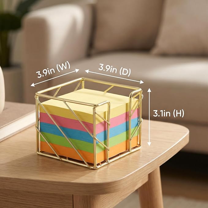 Sticky Note Holder, Multifunctional Sticky Notes Holder 3.9x3.9 Inches Desktop Organizer, Gold Desk Accessories, Metal Gold Office Supplies for Home Office Decor