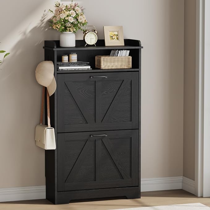 Shoe Cabinet Organizer with 2 Flip Drawers, Farmhouse Narrow Shoe Storage Cabinet with 2 Adjustable Shelves & 2 Hooks, 23.6"W x 8.7"D x 41.8"H Shoe Rack for Entryway, Foyer, Hallway, Black