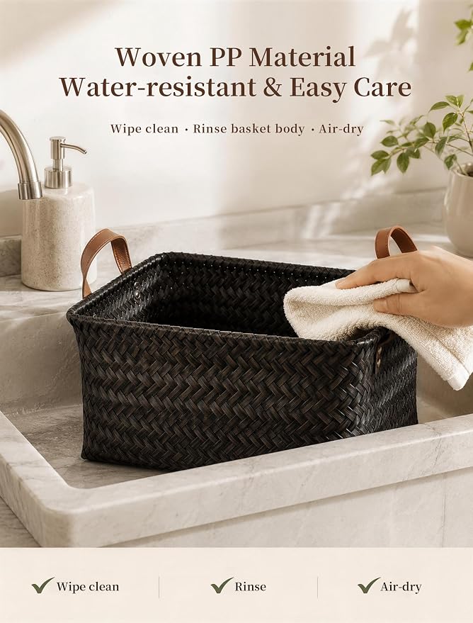 Hand Woven Baskets for Storage, 4Pcs Water-Resistant Wicker Baskets, Dark Gold Wicker Storage Baskets for Shelves, Large Basket with Handle for Organizing, Laundry, Blanket-Rectangular