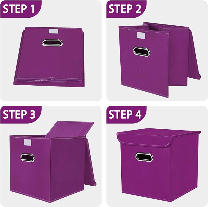 Closet Organizers Fabric Storage Bins With Lids Collapsible Cube Storages Organizer Basket With Handles,Storage Boxes for Clothes Storage,Office,Toys,3 Pack,（Purple