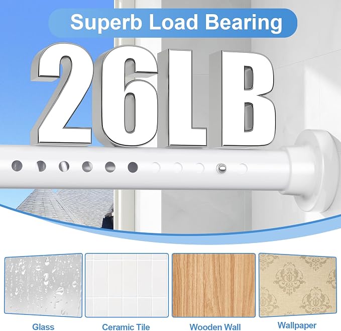 Long Tension Curtain Rod 40-148inch White Shower Curtain Rods no Drilling Adjustable Tension Rod for Windows,Shower,Patio,Doorway,Heavy Duty Spring Rods Diameter 1.26inch