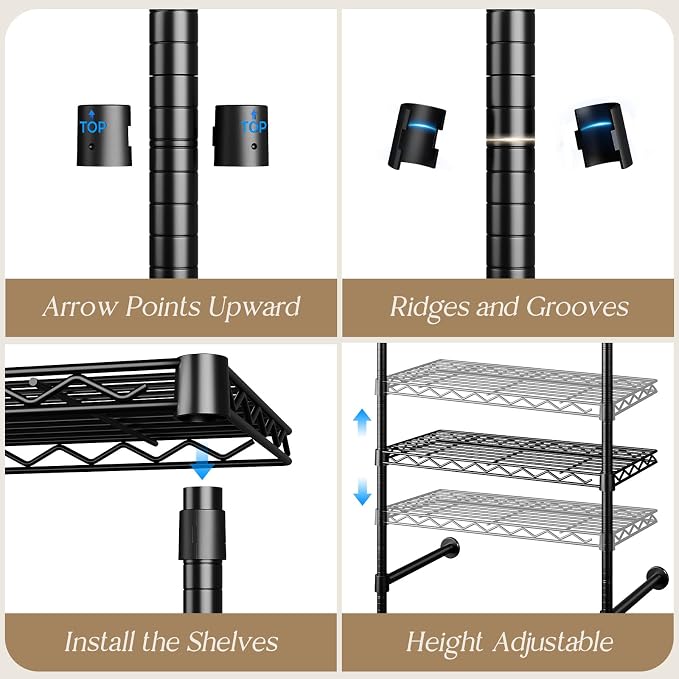 Wall Mounted Closet System, Heavy Duty 4-Row Clothes Rack, Expandable Industrial Pipe Closet Organizers and Storage with 4 Telescopic Rods, 2 Fixed Rods, 5 Hooks & 8 Shelves for Wardrobe, Bedroom