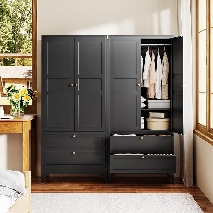Letaya Metal Armoire Wardrobe Closet with 2 Drawers,18" Deep Clothing Storage Cabinet with Doors and Shelves,Coat Closet with Hanging Rod,Bedroom,Home,Cloak Room-Black