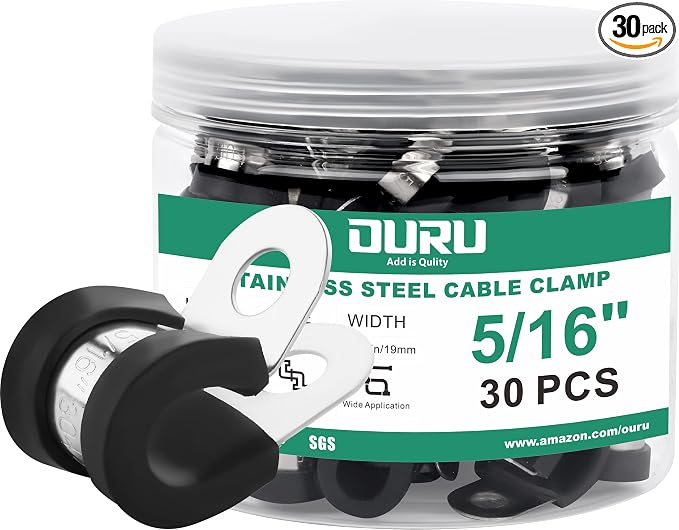 OURU 30pcs 5/16 Inch Stainless Steel Cable Clamps,Rubber Coated Cushioned Insulated Cable Clamp,Automotive Cable Wire Clamps,Pipe Clamps,Metal Clamp for Tube,Lines,Wire Cord Installation(Black,8mm)