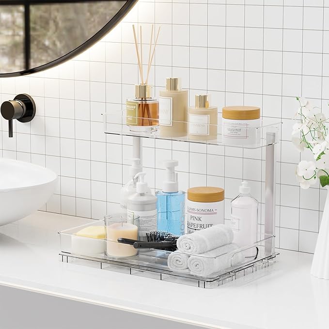 Yieach 2 Pack Under Sink Organizer,14.5″ Deep Sliding Inder Sink Organizer for Kitchen and Bathroom Under the Sink Organizer,2 Tier Undersink Organizers for Vanity,Under Counter Storage Organization