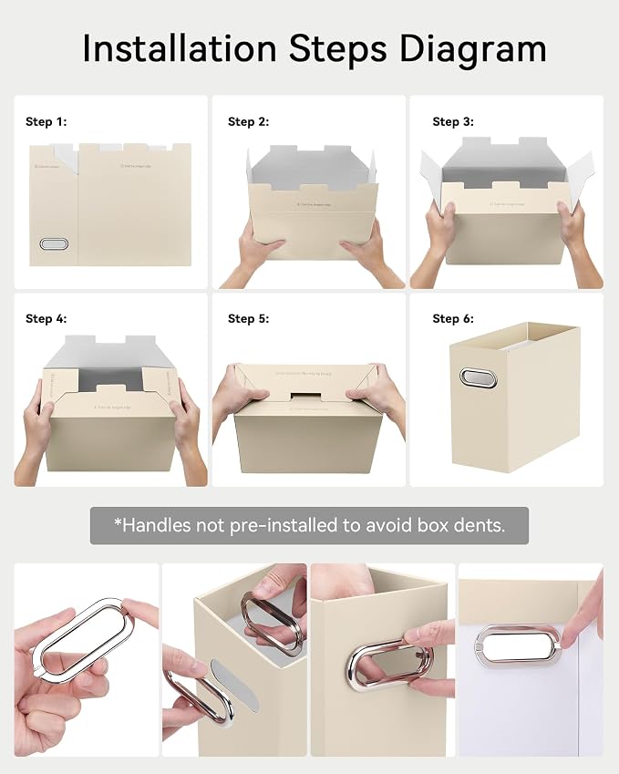 Oterri File Organizer Box, Portable Collapsible Cardboard File Folder Organizer with Handle for Letter Size Hanging Files, for Home Office & Classroom (Beige, Letter Size - 6 Packs)
