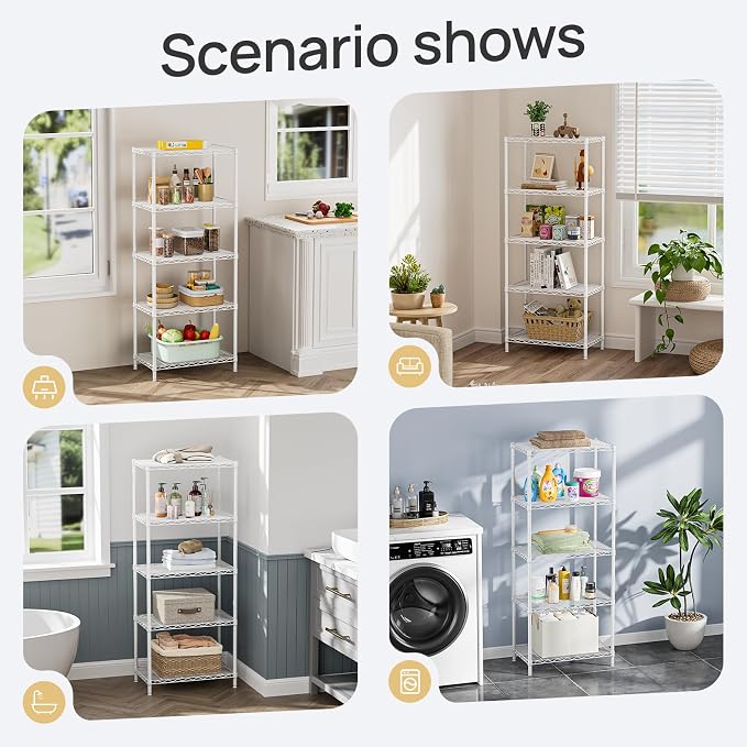 SINGAYE 5 Metal Shelves Wire Shelving Storage Shelf Adjustable Unit Pantry | 5 Tier Kitchen Laundry Room Organization Home Pantry Closet Bathroom Organizers Garage Rack 14" D x 24" W x 59.5" H White