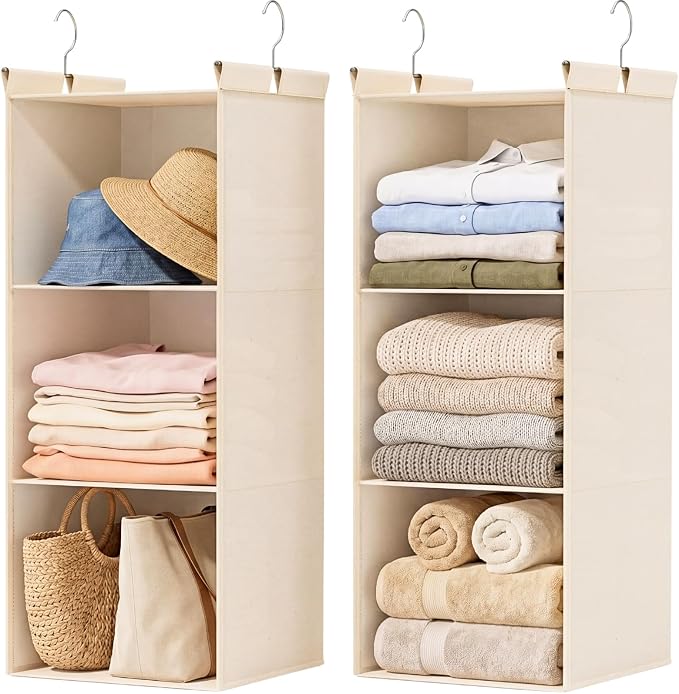 Ofiray-home Pure Cotton Dual Hanging Closet Organizer, 2-Pack 3-Tier Breathable Storage Bags for Wardrobe, RV, Nursery, Small Closets Heavy-Duty Cotton, Natural Beige