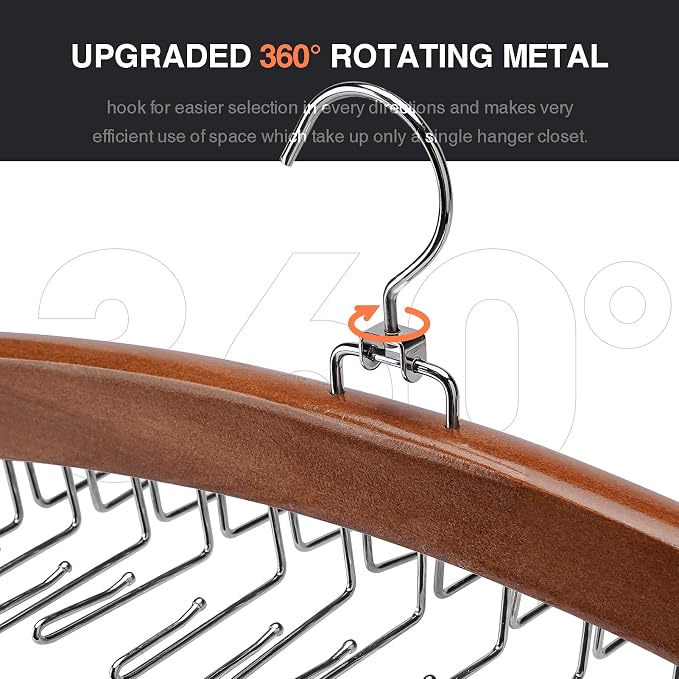 Tie Rack Tie Hanger 24 Hooks Wooden, Tank Top Hanger,Belt Organizer for Closet,with Upgraded 360°Rotating, Belts Scarves Accessories for Bras,Tank Tops,Camisoles…