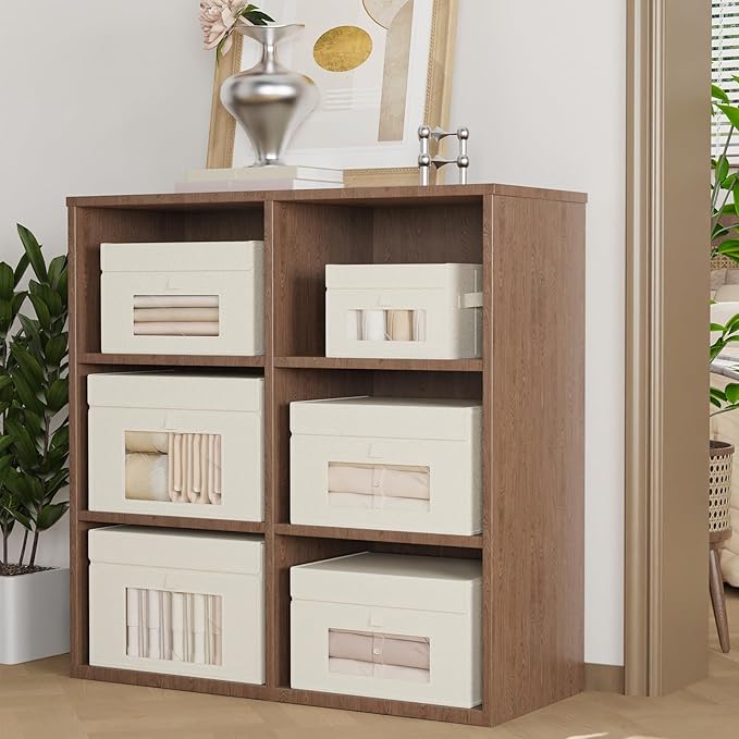 Storage Bins with Lids, Cube Organizer Basket with Window, Closet Boxes with Carrying 2 Handles and Sturdy PP Support Plate, 2 Pack, Beige, 10.2 x 7.9 x 6.7 In, XSNY17BES-2