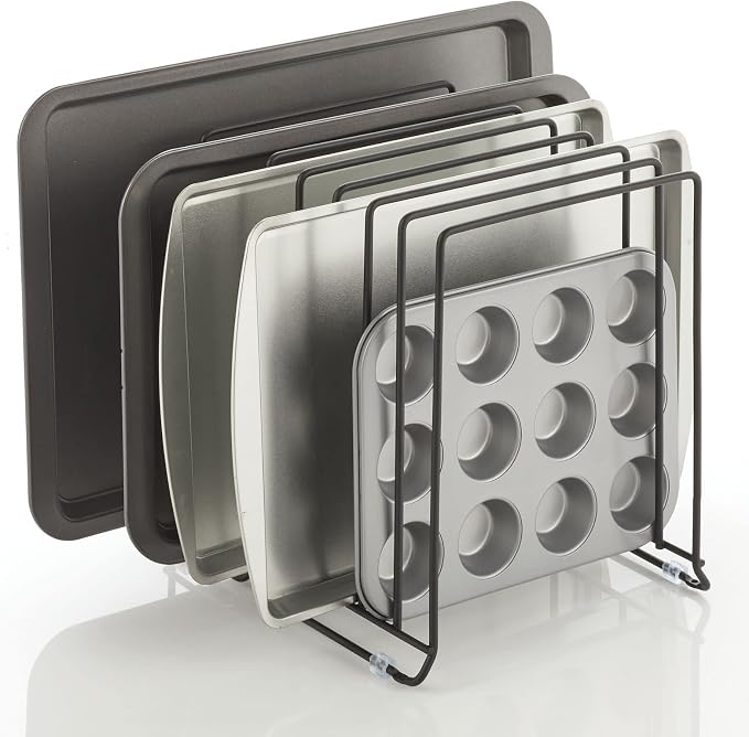 mDesign Large Metal Wire Organizer Rack for Kitchen Cabinet, Pantry, Shelves - Holder with 8 Slots for Baking Sheets, Skillets, Frying Pans, Pots, Lids, Cutting Boards, and Appliances - Black