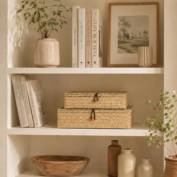 YANGQIHOME Set of 2 Seagrass Baskets with Lids, Rectangular Woven Storage Baskets, Natural Wicker Basket Boxes for Coffee Table, Shelf, Bathroom Counter & Closet Decor (Natural, Set of 2)