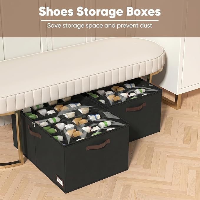 OIAHOMY 2 Pack Shoe Organizer for Closet, Large Foldable Shoe Storage Bins with Dividers and Reinforced Handles, Each Clear Cover Sneaker Box Fits Up to 24 Pairs for Entryway and Bedroom, Black