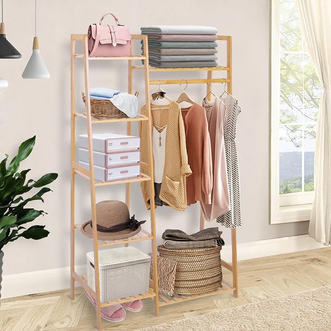 Ufine Bamboo Garment Rack with 7-Tier Storage Shelves & Hanging Rod | Portable Clothes Hanging Rack Minimalism Wardrobe Closet Organizer for Living Room