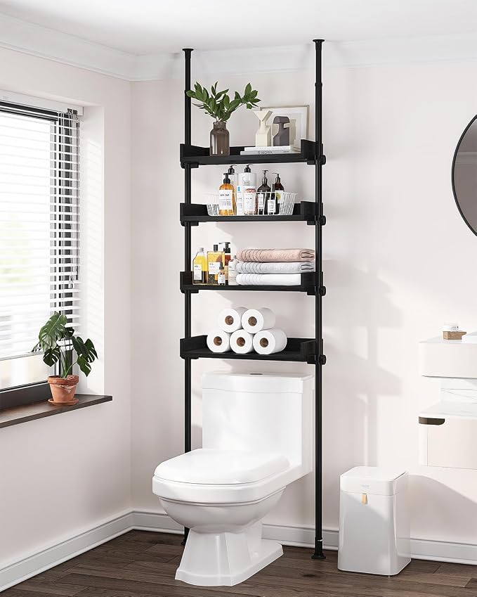 ALLZONE Bathroom Organizer, Over The Toilet Storage, 4-Tier Adjustable Wood Shelves for Small Rooms, Saver Space Rack, Narrow Cabinet, 92 to 116 Inches Tall, Black
