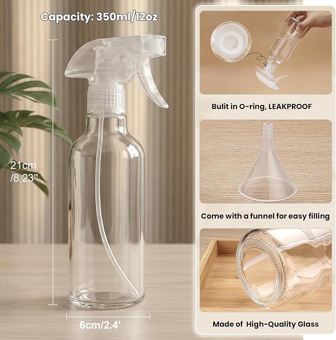 12oz Glass Spray Bottles 2 Pack,Mist/Stream Spraying | Adjustable Refillable Containers for Hair Care, Cleaning Solutions, Plants, Essential Oils