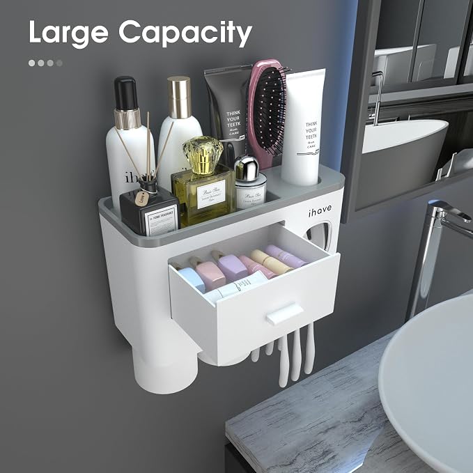iHave Toothbrush Holders Wall Mounted with Toothpaste Dispenser & 2 Cups | All-in-One Bathroom Organizer: 2 Cups, 6 Slots, Toothpaste Dispenser, Large Tray & Drawer. Wall Mount, No Drilling Required