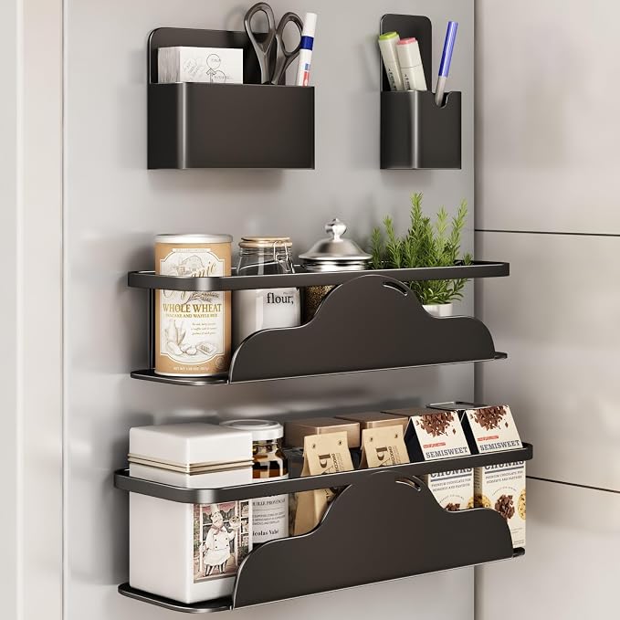 VOLPONE 4 Pack Magnetic Spice Rack for Refrigerator Metal Magnetic Shelf for Fridge and Magnetic Pen Holder Heavy Duty Fridge Magnet Organizer Black