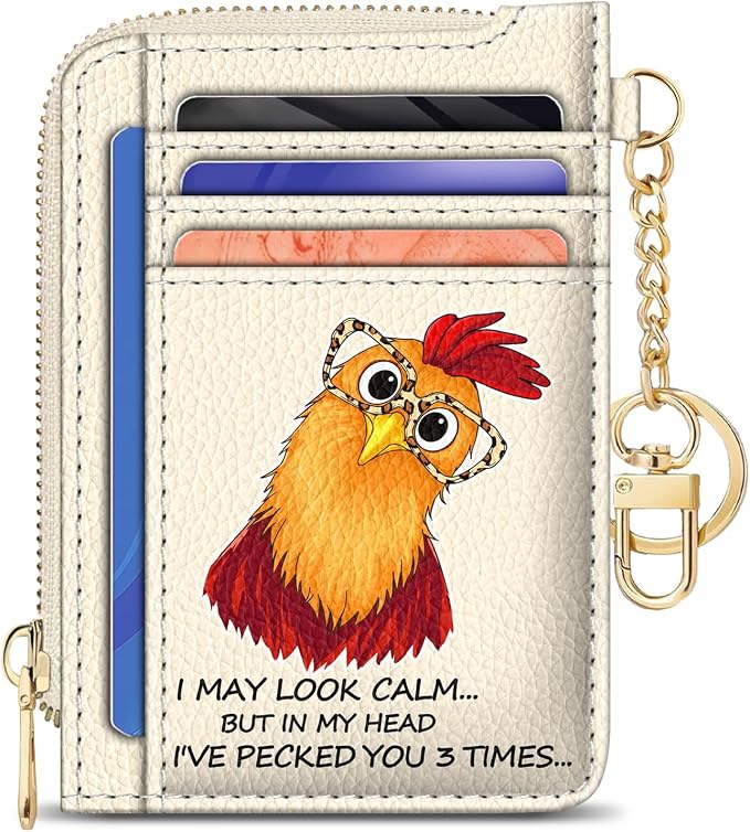GIANCOMICS Slim Wallet Credit Card Holder Women, Funny Chicken Rfid Blocking Small Card Case, Keychain Thin Pocket Curved Zipper Wallet, Travel Card Holder PU Leather ID Window, Ladies Female Gifts