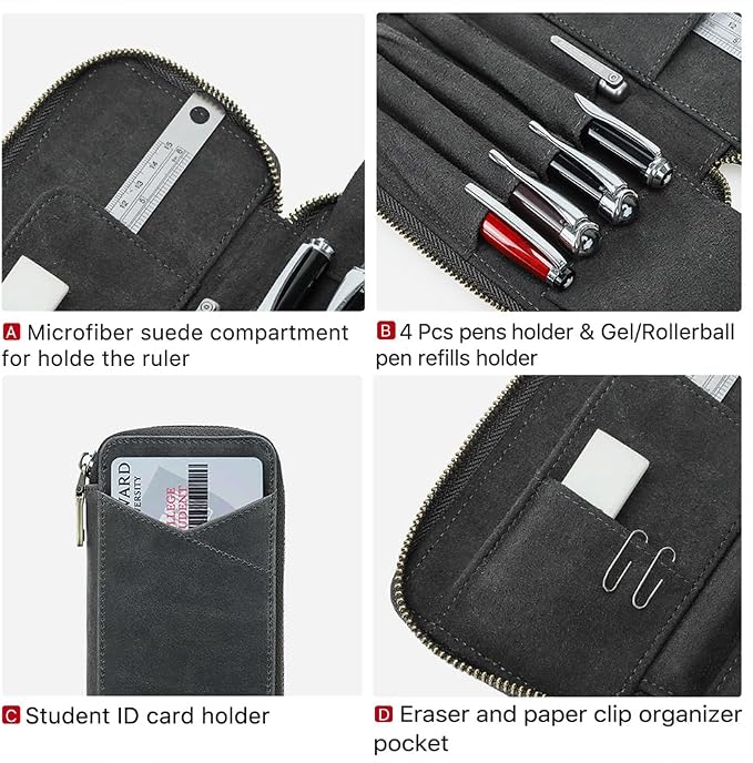 CONTACTS Full Grain Leather Pencil Case Handmade Vintage Zipper Pen Holder Pouch with Card Slot Pens Organizer Pockets Stationery Bag for Men and Women (Grey)