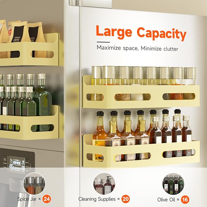 Sevenblue 4-Pack Magnetic Spice Rack for Refrigerator with Hooks, Yellow | Strong multipurpose magnetic shelf for kitchen & bathroom organization. Includes 4 removable hooks for hanging items.