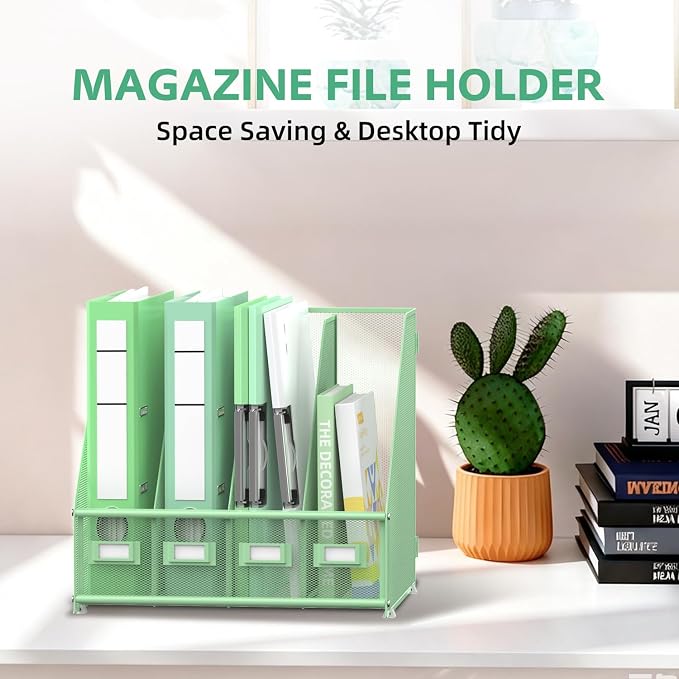 4 Vertical Compartments Magazine File Holder, Binder Organizer, Mint Green | Space-Saving Desktop Storage, Built-In Label Holders, Anti-Slip Feet, Sized for Binders, Folders, Magazines and Files
