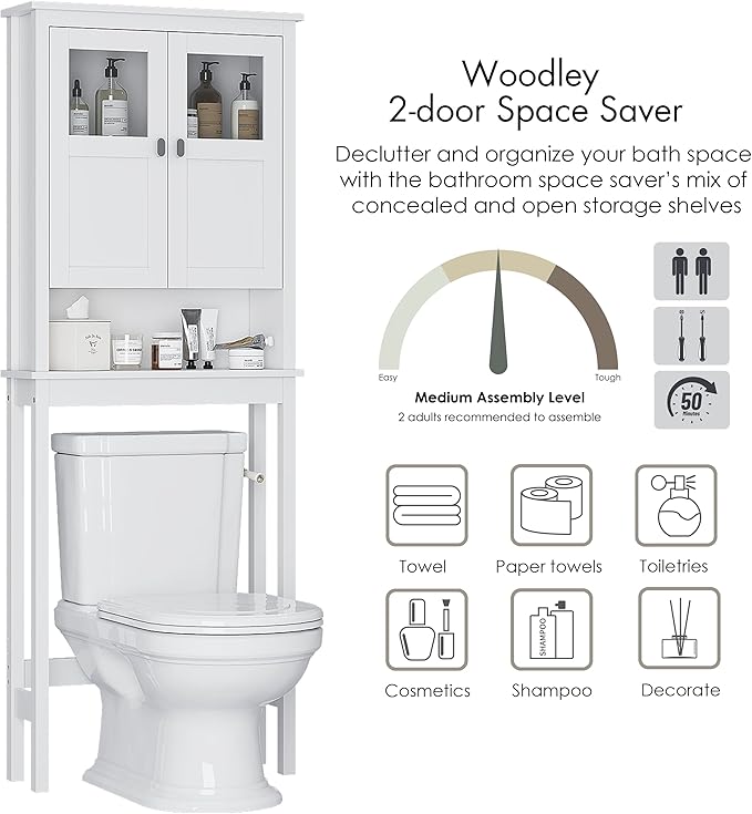 Spirich Bathroom Over the Toilet Storage Cabinet with Glass Doors, White | Toilet Organizer with Adjustable Shelf, Anti-tipping Device, Wood, Elegant Modern Design, Space Saver for Tight Spaces