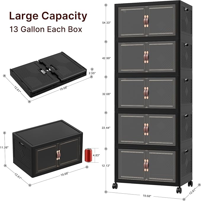 Stackable Storage Bins with Lids, Collapsible Storage Boxes, Foldable Plastic Storage Drawers for Bedroom,Office, Dorm (5, Black, M)