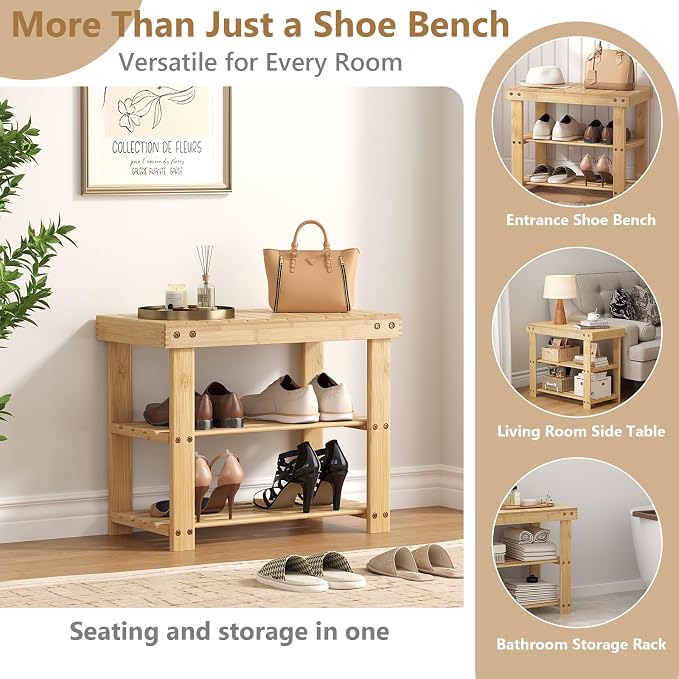 NEWBULIG Shoe Rack Bench, 3-Tier Bamboo Shoe Organizer, Wooden Entryway Storage Bench, 286 lb Load Capacity, 11.2x19.7x17.9 Inches, for Entryway Bathroom Bedroom Balcony, Wood