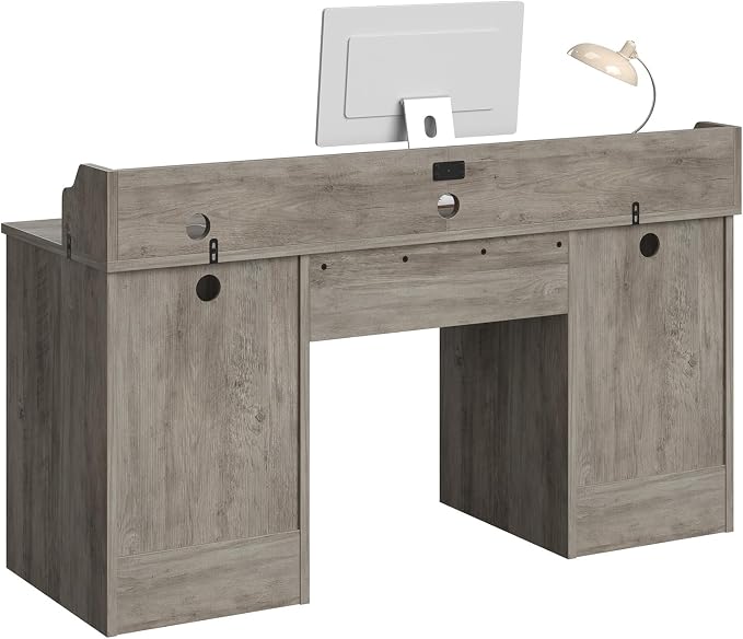 Bestier 59" Executive Desk with Charging Station & Monitor Stand, Grey | Farmhouse Wood Computer Desk with Drawers, Home Office Desk with Keyboard Tray, Sturdy Pedestal Desk for Work Study
