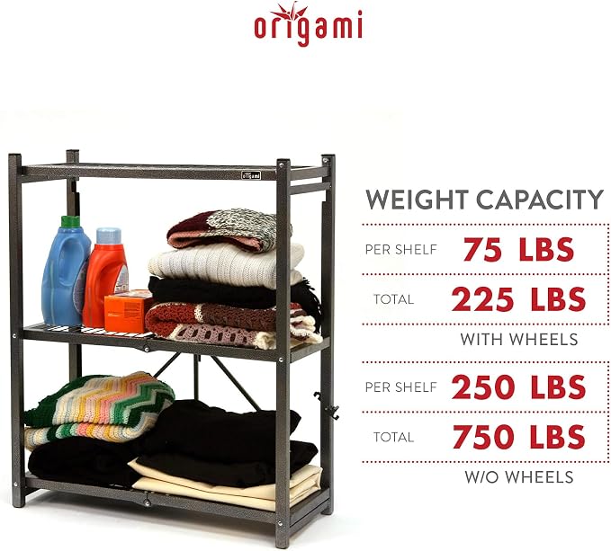 Origami 4-Pack R3 Storage Rack, 3-Tier Heavy-Duty Foldable Steel Shelf with Wheels, Pewter