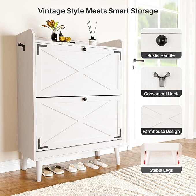 YZ HOME Shoe Storage Cabinet with 2 Flip Drawers, Entryway Shoe Cabinet with 2 Metal Hooks & Adjustable Shelves Freestanding Shoe Organizer Narrow Shoe Rack for Entrance Hallway Foyer Front Door