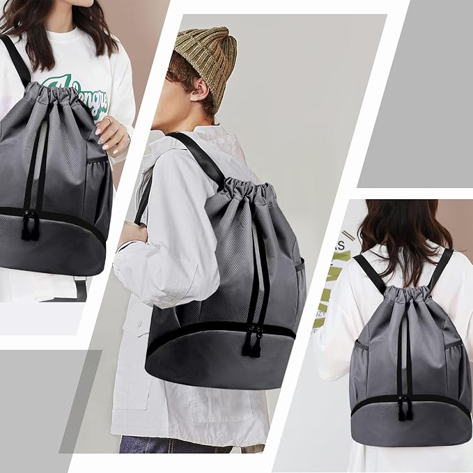 Hoedia Sports Drawstring Backpack - String Swim Gym Bag with Shoes Compartment and Wet Proof Pocket for Women/Men (Dark Grey)