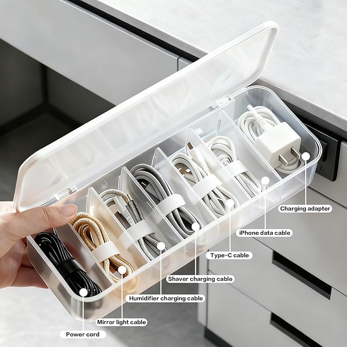 Cable Organizer Box with 7 Wire Ties, 2 Pack Desktop Cord Management Storage Case with Lid, 7 Compartments for Chargers Cables for Office Home Desk Accessories Cords (White)