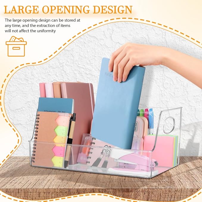 NUOBESTY Clear Storage Bins with Handle Plastic Book Organizer Basket for Classroom Library Office Home Stationery 13.4X8.5X5.9 Inch