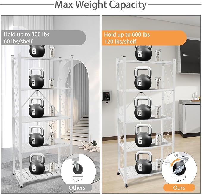 5 Tier Folding Shelf with Wheels | No Assembly, Portable,Suitable for kitchen, bedroom, living room, garage,64.6*28*13.4in