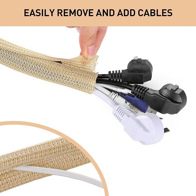 AGPTEK Cable Sleeve, Cable Management Desk Cord Cover Organizer Wire Hider for Home Office Computer TV Wire Loom Tubing Pet Proof Cord Protector from Cat Dog Chewing (Wood Color, 1.5"-6.6ft)