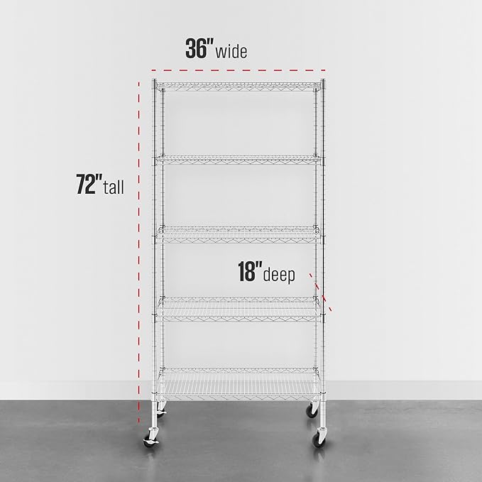 SafeRacks NSF 5-Tier Heavy Duty Steel Wire Rack w/Wheels (18"x36"x72")