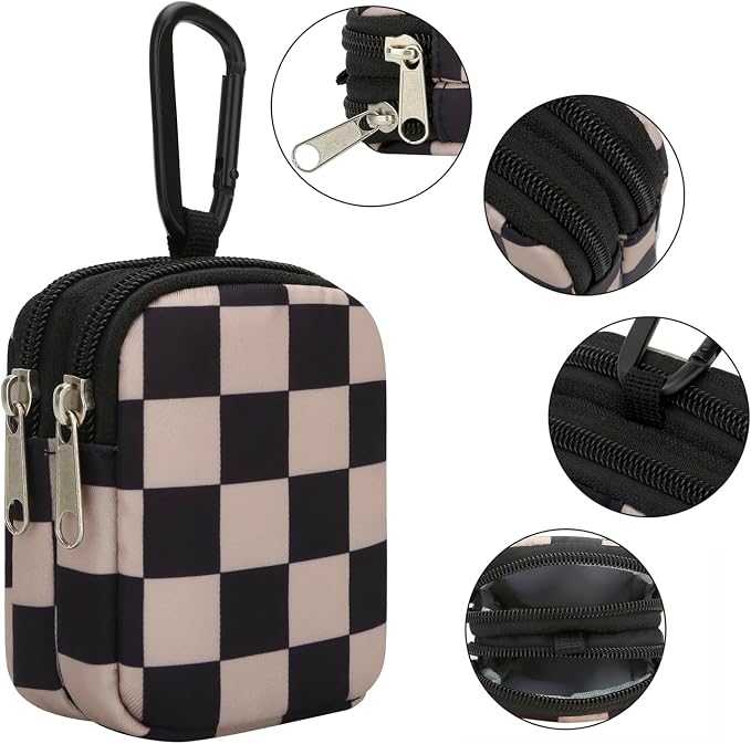E-Tree Coin Purse with Carabiner Clip, Dual Layer Card Case Holder, Mini Pouch for AirPod Earphone Keychain USB Cable,Wallet, Small Accessories Organizer Bag for Women and Men (Brown Checkered)
