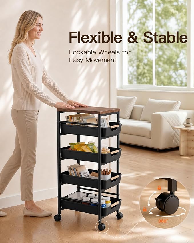 Pipishell Rolling Storage Cart with Drawers & Lockable Wheels, 5 Tier Kitchen Cart with Safety Stops & Vented Design, Wood Top, Pull-Out Utility Cart for Kitchen, Home Office, Bedside, Black