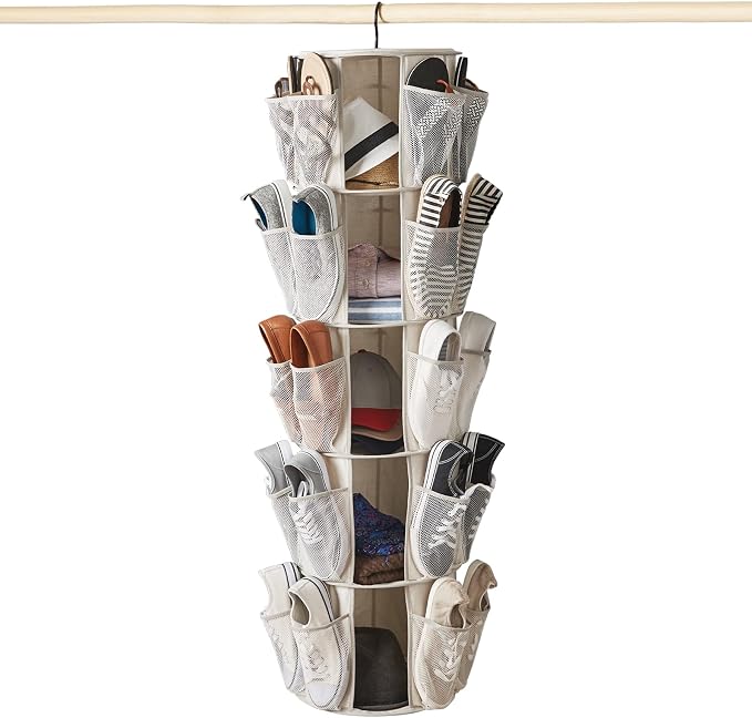 5 Tier Rotating Hanging Closet Organizer with 40 Mesh Pockets, 360 Degree Hanging Storage Organizer, Canvas Closet Shelf Organizer for Shoes, Sweaters, Hats, Bags, Toys, Bedroom, Nursery, Closet