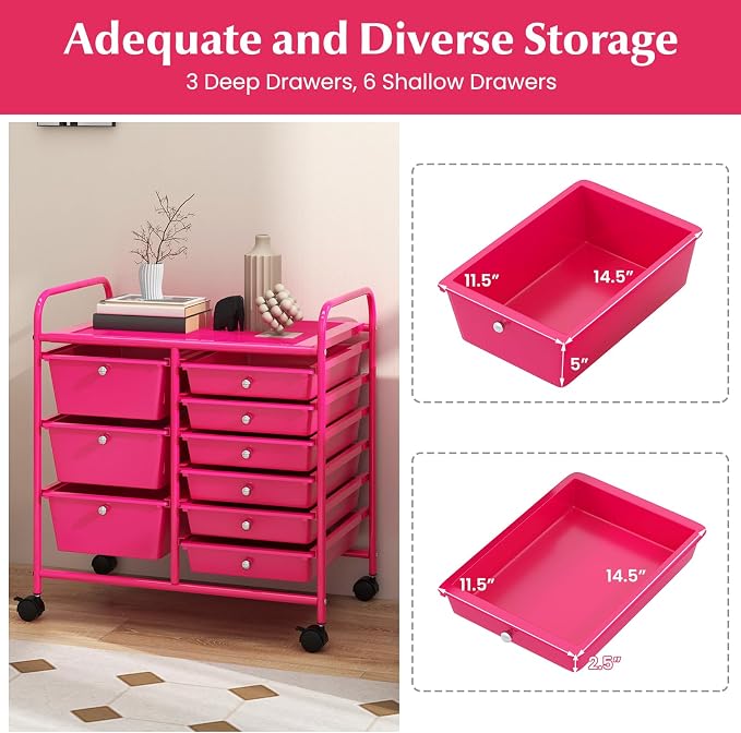 Moccha 9-Drawer Rolling Storage Cart - Under Desk Storage Drawers with wheels for Craft Art Supply Paper Salon, Scrapbook Paper Tools, Mobile Utility Cart for Classroom, Hot Pink