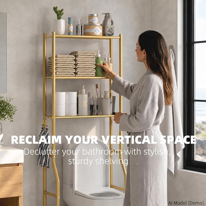 GloTika 3-Tier Over Toilet Storage with Anti-Tilt Safety System - 150lb Total Capacity Metal Bathroom Shelves Including Paper Holder & 4 Hooks, Space Saving Above Commode Organizer (64" H, Gold)