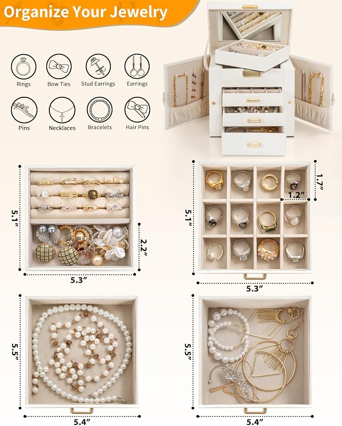 AKOZLIN 4-Tier Jewelry Box Leather Jewelry Storage Organizer with 3 Drawers Lockable for Women Girls Ring Necklace Earring Bracelet Holder with Mirror White